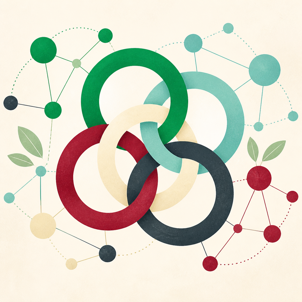 Abstract interlocking rings and connected nodes symbolizing community, partnership, and shared purpose