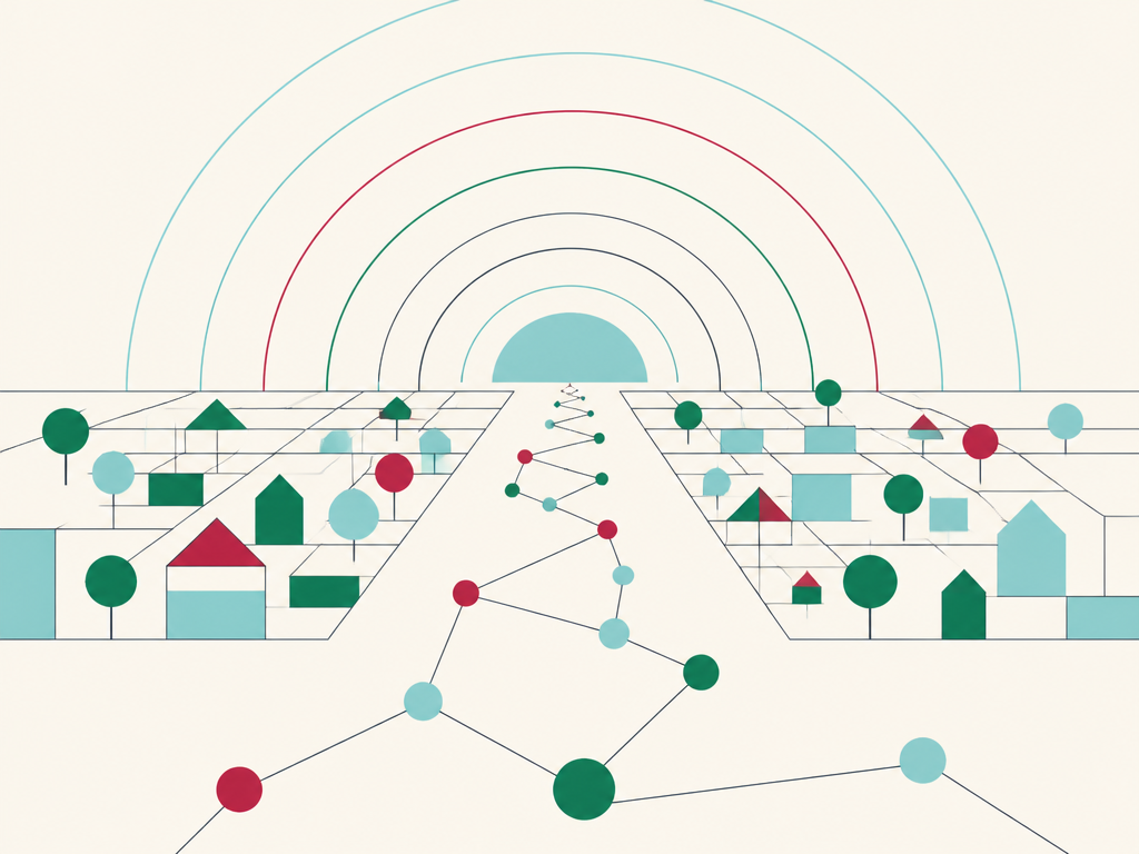 Abstract illustration of a connected pathway rising from a neighborhood grid toward an open horizon