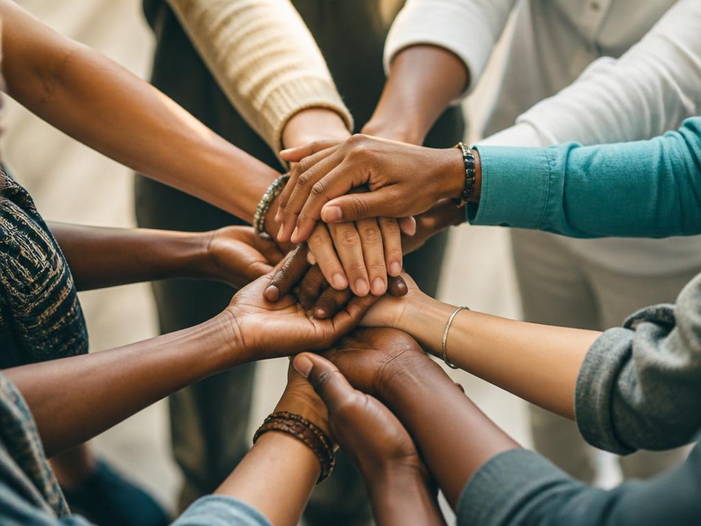 Diverse hands coming together in community support